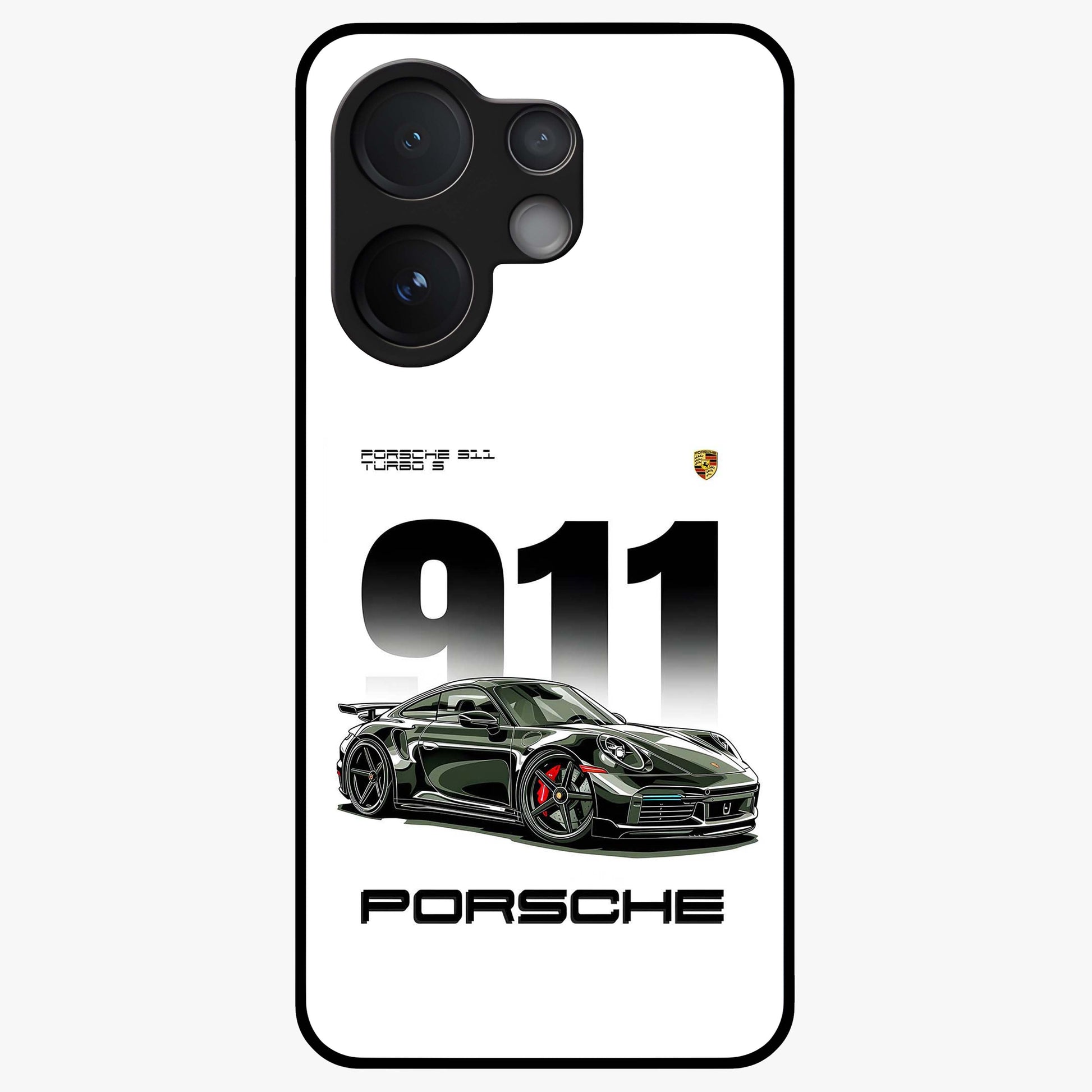 911 Turbo Dominance Glass Case showing clean flat back view with bold 911 sports car artwork and glossy glass finish.
