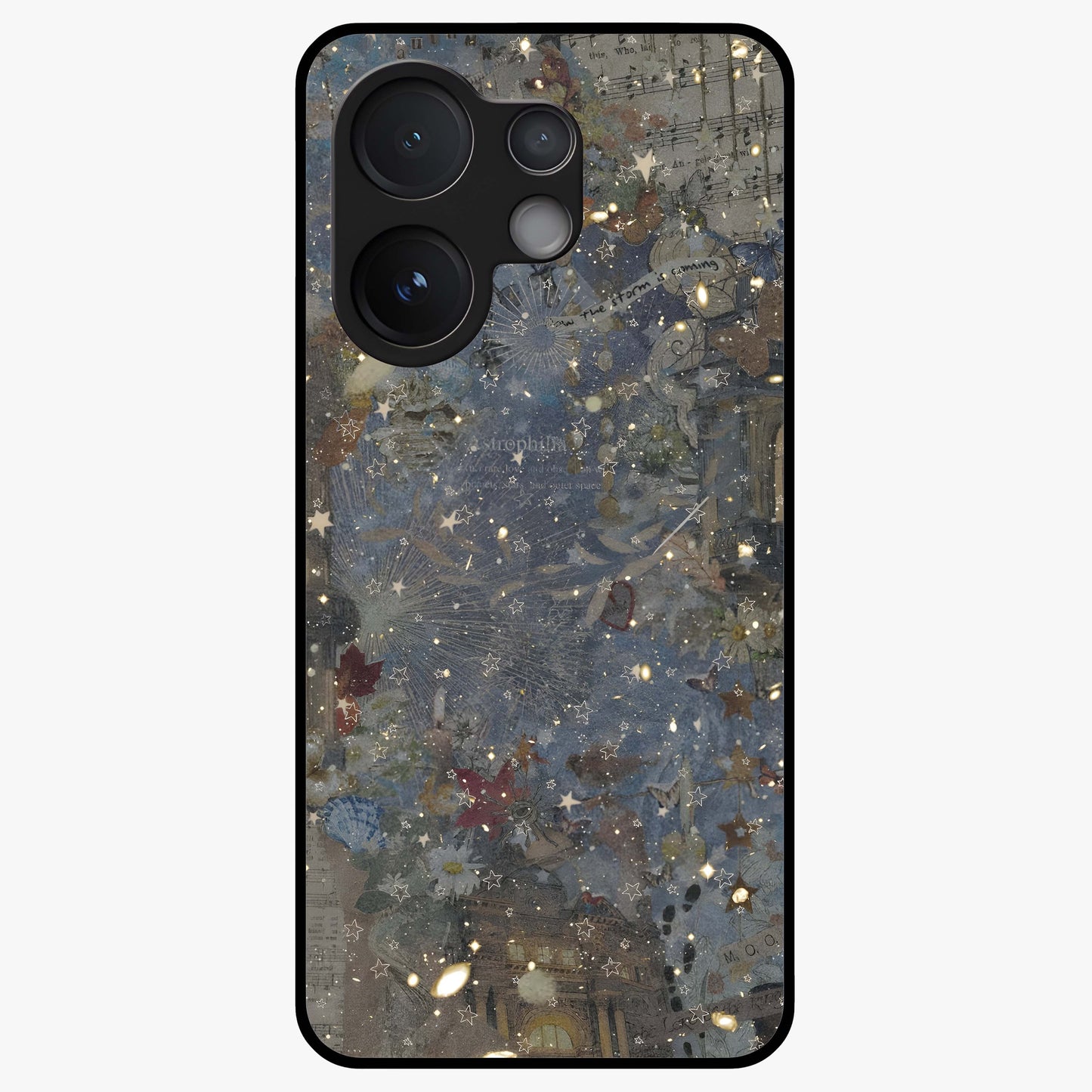 Aesthetic Astrolophia Glass Case showing flat back view with dreamy aesthetic design and glossy glass finish.