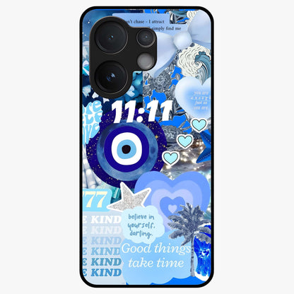 Aesthetic Be Kind Eye Glass Case showing flat back view with motivational eye artwork and glossy glass finish.