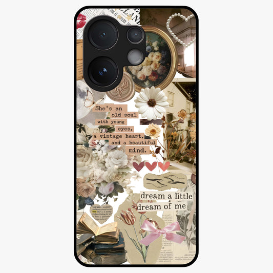 Aesthetic Brown Vintage Collage Glass Case showing flat back view with retro collage artwork and glossy glass finish.