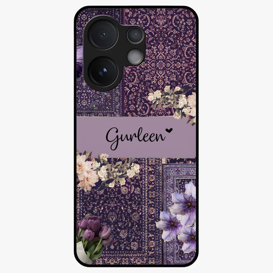 Antique Floral Whisper Custom Name Glass Case showing flat back view with vintage floral artwork and personalized name design.