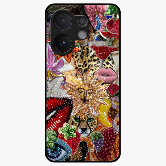 Beaded Fashion Jungle Glass Case showing flat back view with vibrant jungle inspired bead artwork and glossy glass finish.