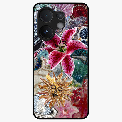 Beaded Garden Fantasy Glass Case showing flat back view with dreamy garden bead artwork and glossy glass finish.