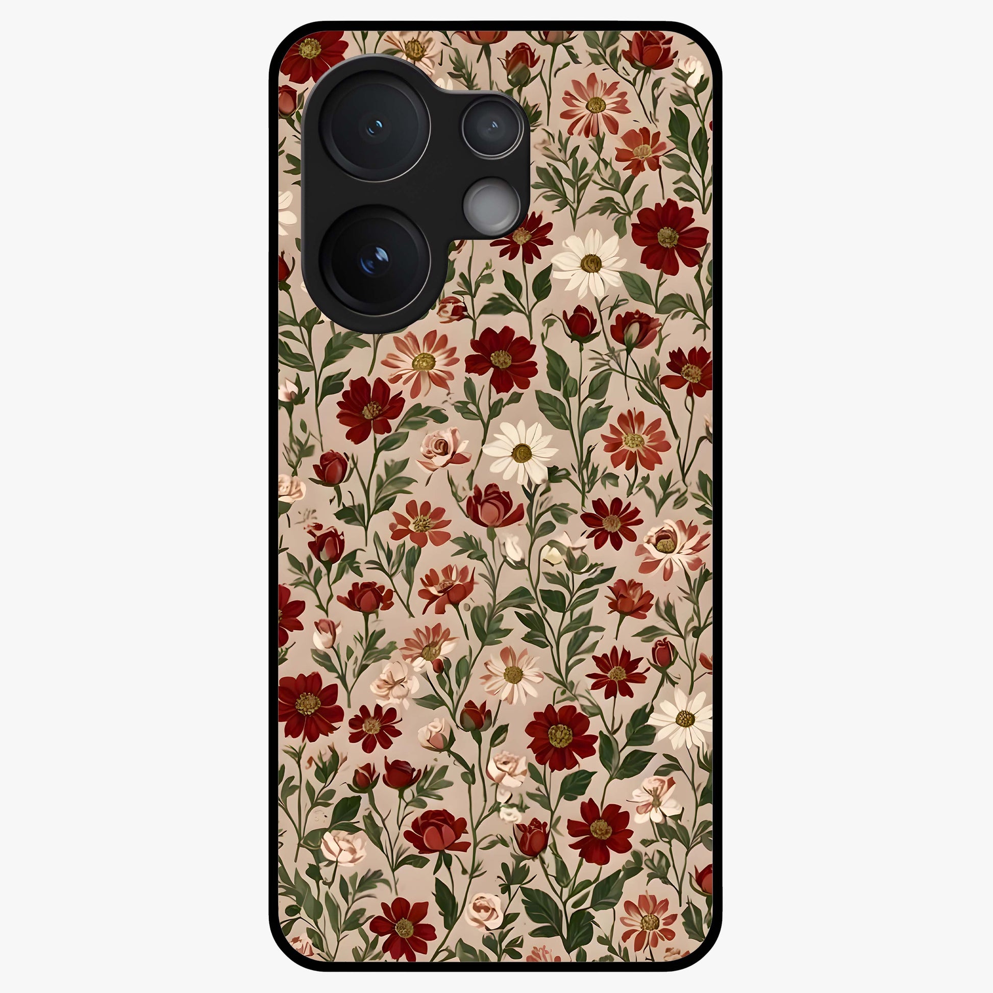 Biege Flower With Leaf Glass Case showing flat back view with soft beige floral artwork and glossy glass finish.