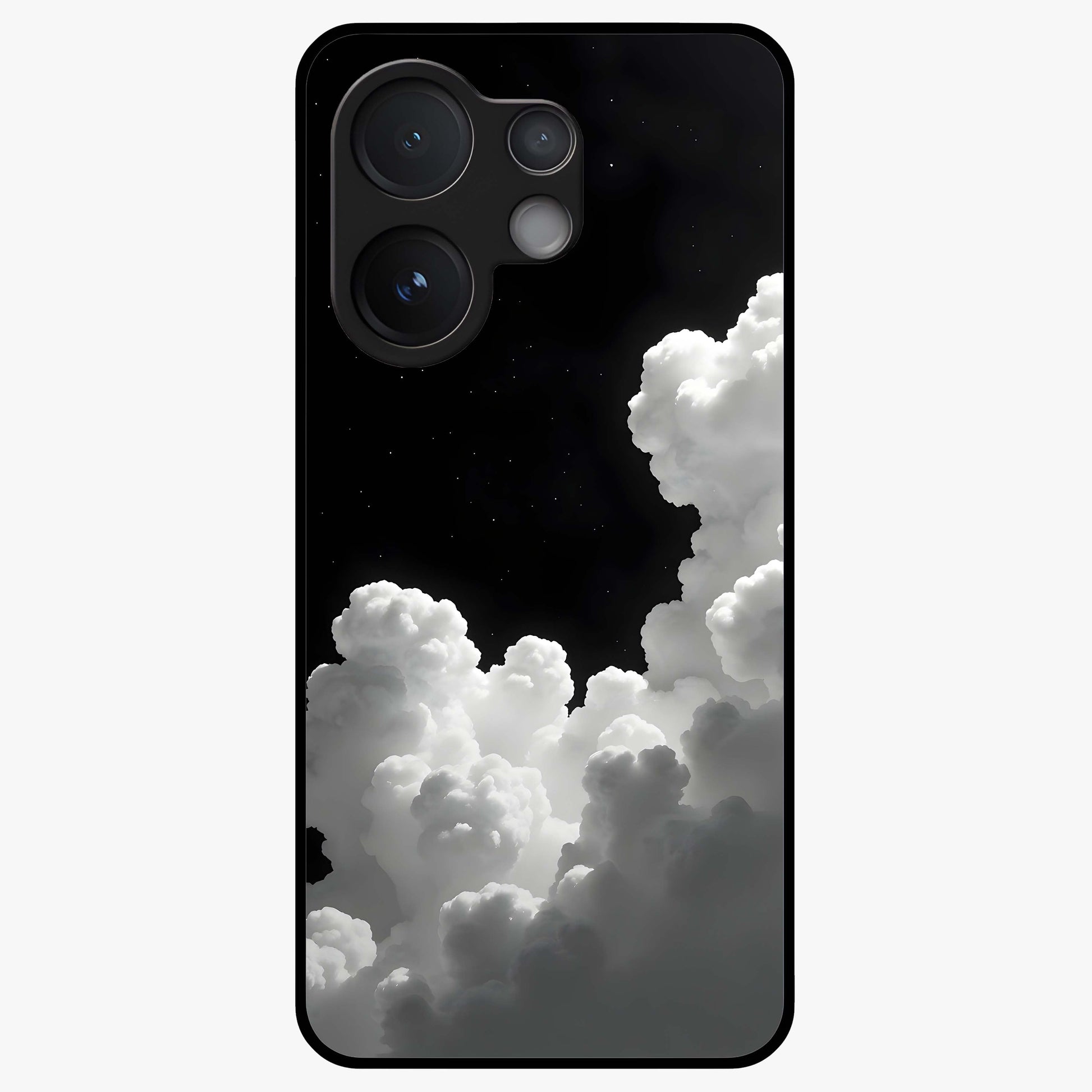 Black Background With White Cloud Glass Case showing flat back view with minimal cloud artwork on dark background and glossy glass finish.