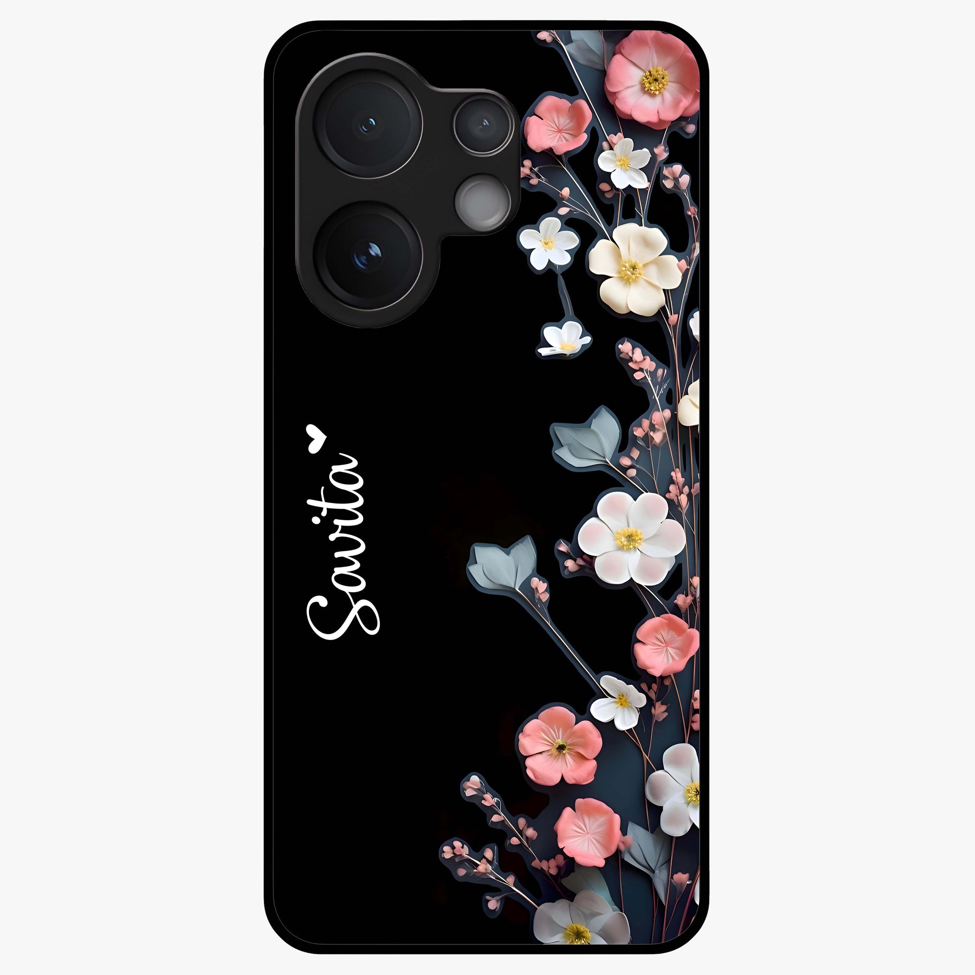 Black Elegance Floral Custom Name Glass Case showing flat back view with elegant floral artwork and personalized name design.