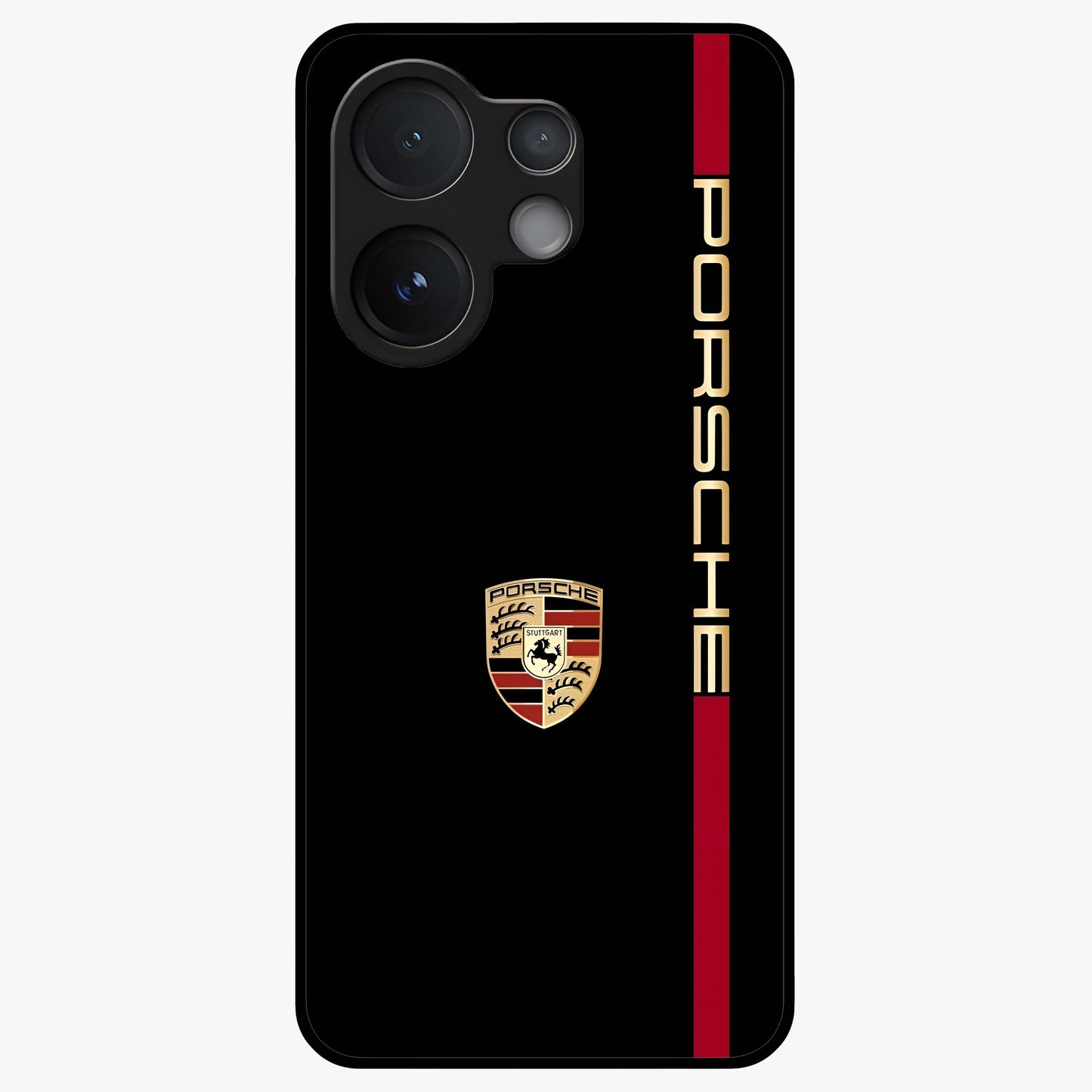 Black Minimal Porsche Glass Case showing flat back view with sleek minimal sports car artwork and glossy glass finish.