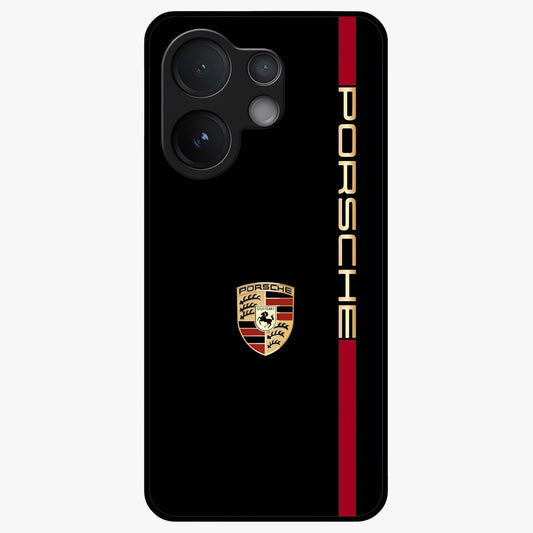 Black Minimal Porsche Glass Case showing flat back view with sleek minimal sports car artwork and glossy glass finish.