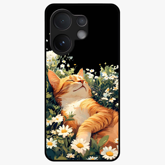 Blissful Bloom Cat Glass Case showing flat back view with cute cat and floral bloom artwork and glossy glass finish.