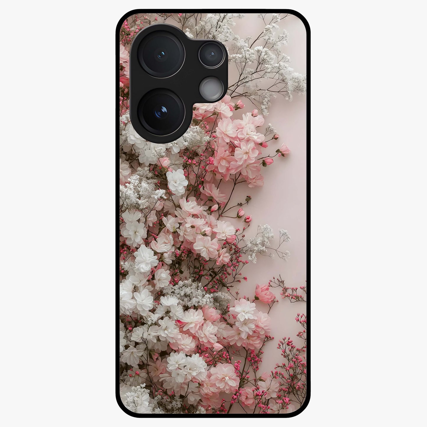 Blush Blossom Cloud Glass Case showing flat back view with dreamy blush cloud blossom artwork and glossy glass finish.