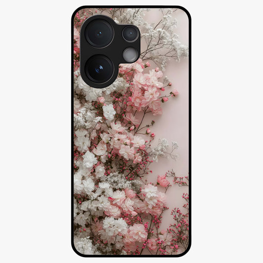Blush Blossom Cloud Glass Case showing flat back view with dreamy blush cloud blossom artwork and glossy glass finish.