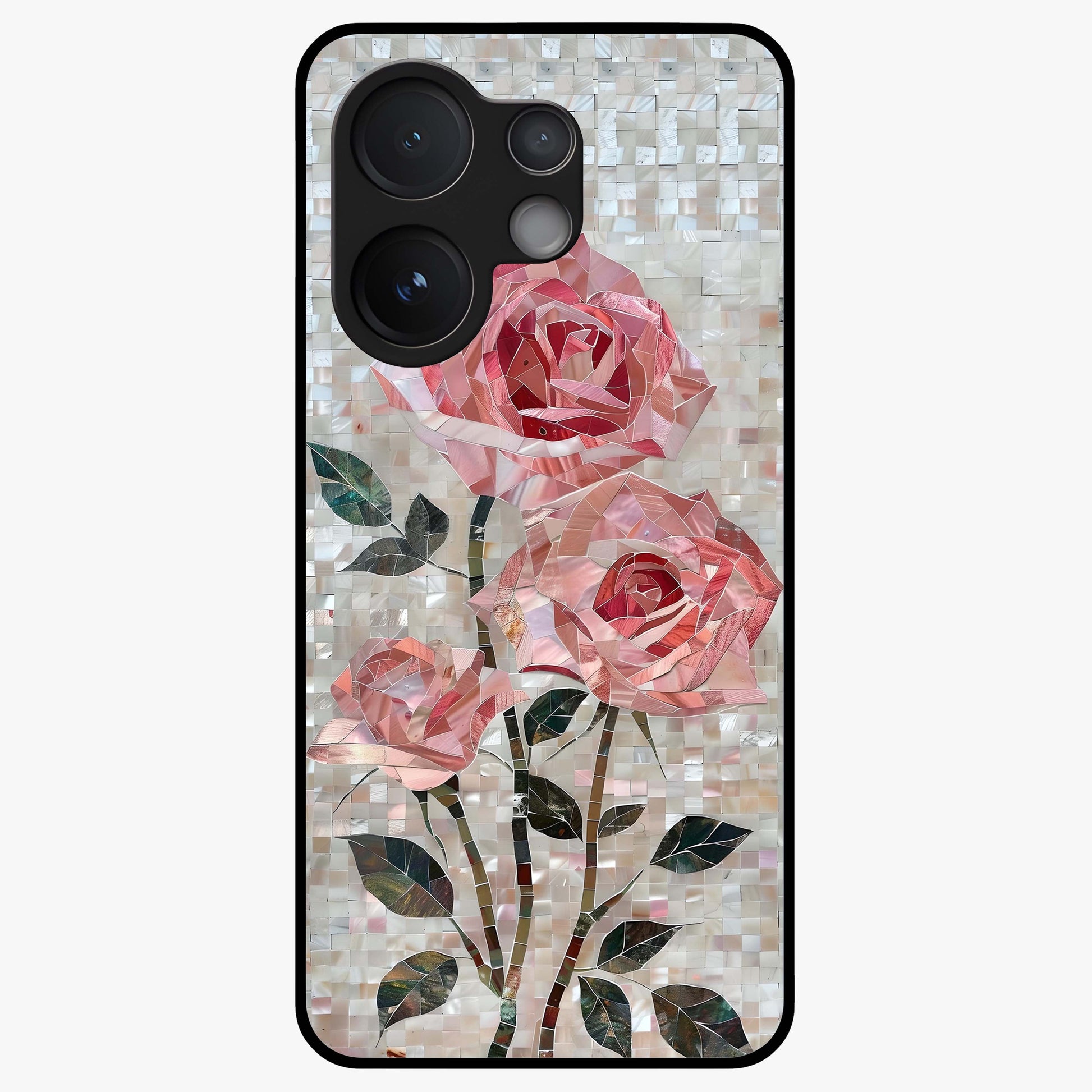Blush Mosaic Bloom Glass Case showing flat back view with mosaic floral bloom artwork and glossy glass finish.