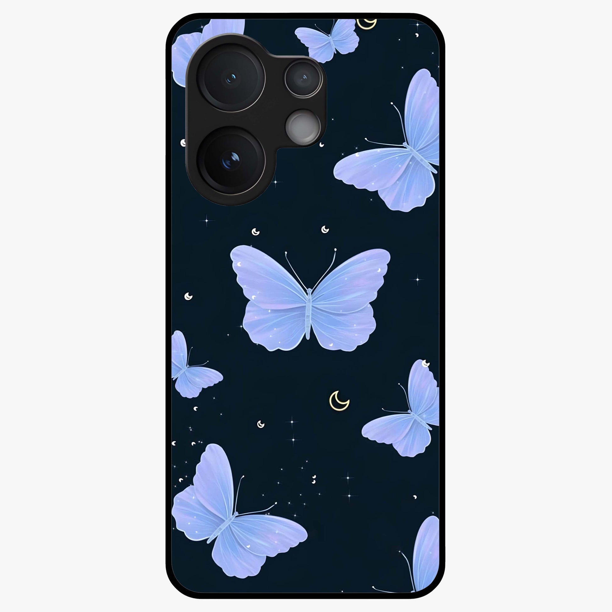 Butterfly With Stars Pattern Glass Case showing flat back view with butterfly and star pattern artwork and glossy glass finish.