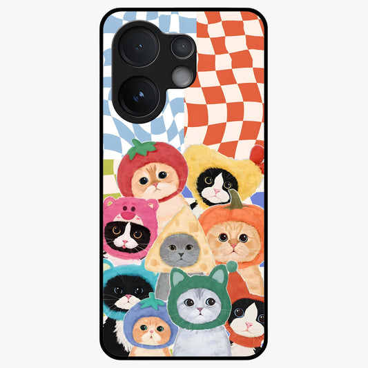 Cats in Fruits Glass Case showing flat back view with playful cat illustrations inside fruit artwork and glossy glass finish.