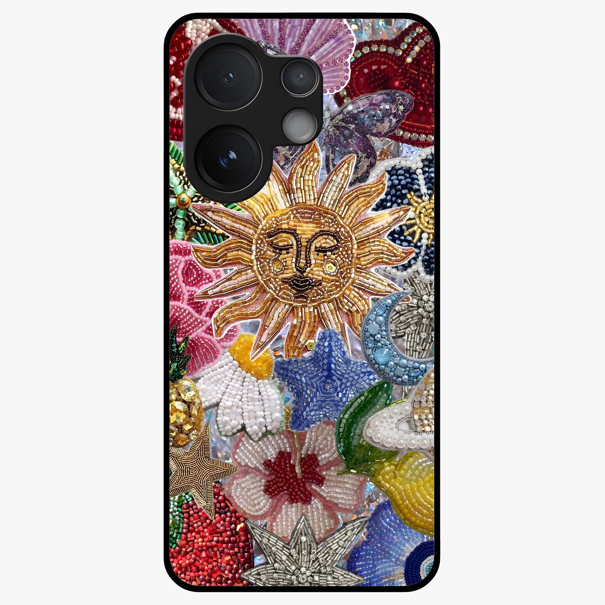 Celestial Floral and Playful Glass Case showing flat back view with floral and celestial themed artwork and glossy glass finish.