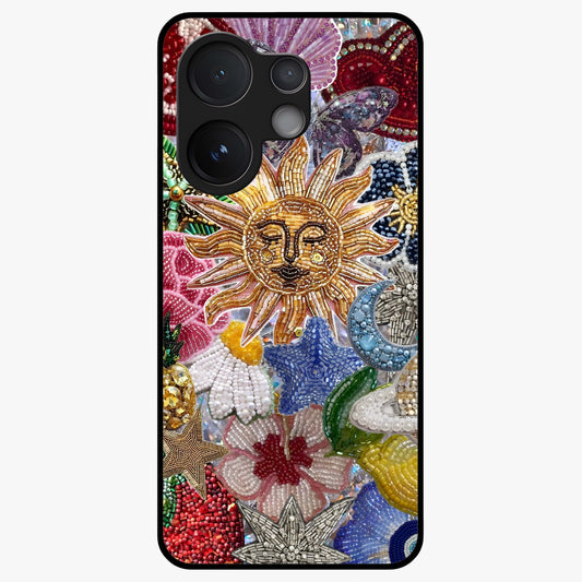 Celestial Floral and Playful Glass Case showing flat back view with floral and celestial themed artwork and glossy glass finish.