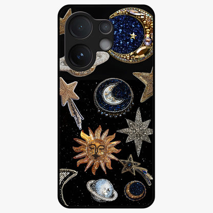 Celestial Gem Constellations Glass Case showing flat back view with sparkling constellation artwork and glossy glass finish.