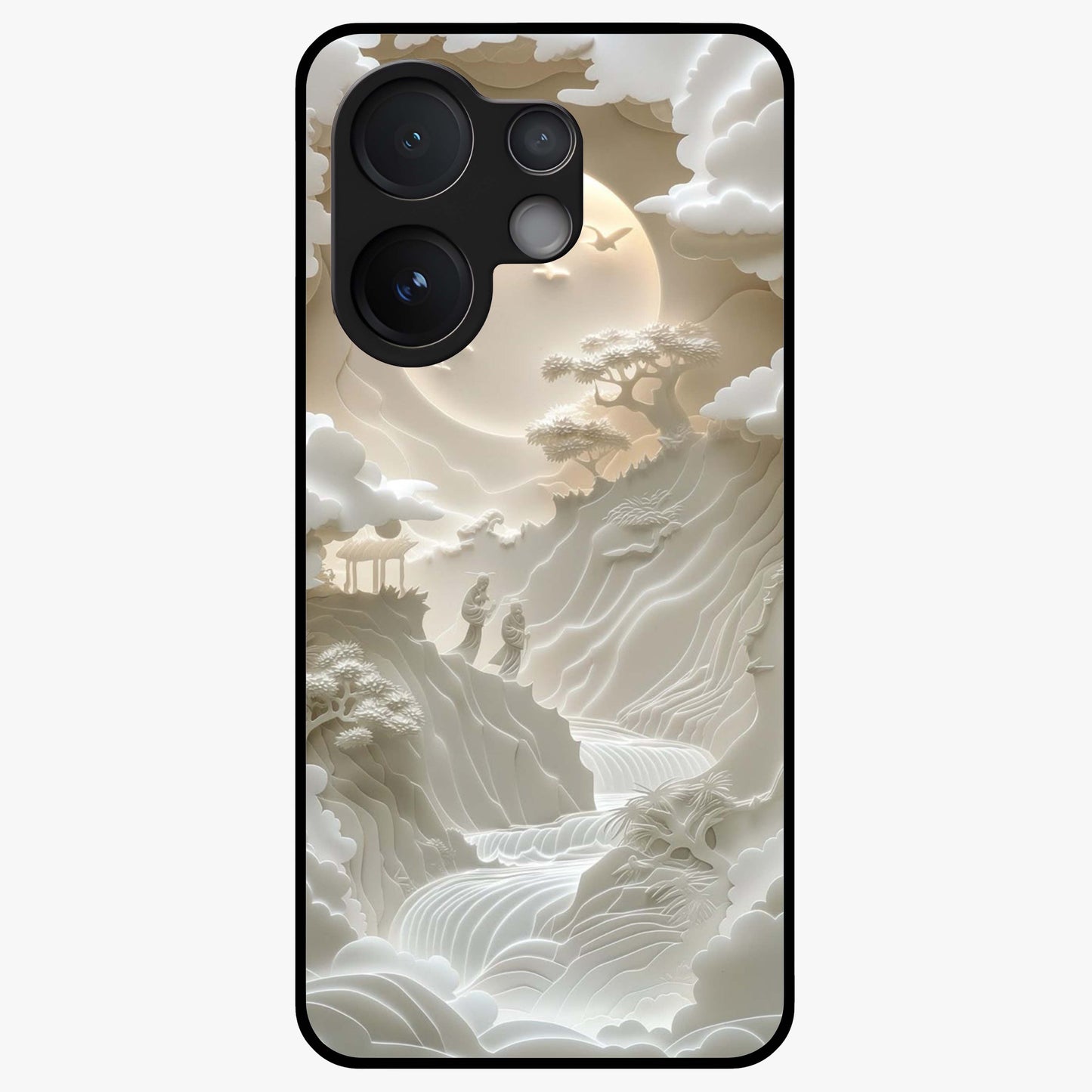 Celestial Origami Glass Case showing flat back view with artistic origami inspired celestial artwork and glossy glass finish.