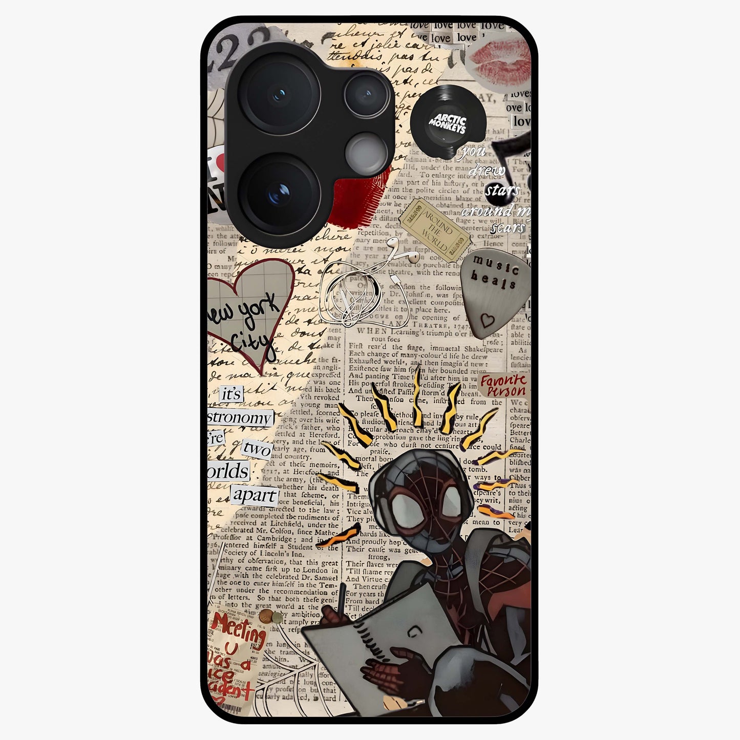 City Dream Sketch Glass Case showing flat back view with artistic city skyline sketch artwork and glossy glass finish.
