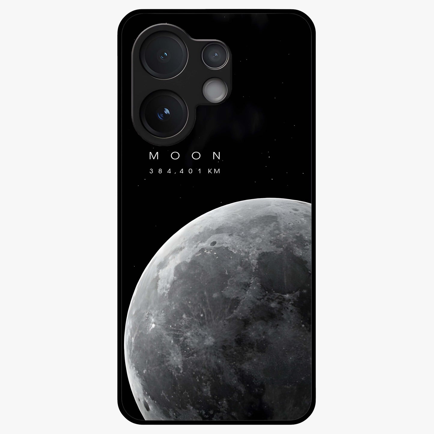 Cosmic Moon Glow Glass Case showing flat back view with glowing moon artwork and glossy glass finish.