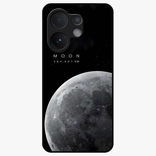 Cosmic Moon Glow Glass Case showing flat back view with glowing moon artwork and glossy glass finish.