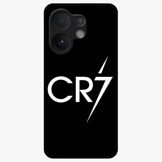 Cr7 Elite Strike Glass Case showing flat back view with dynamic football inspired artwork and glossy glass finish.