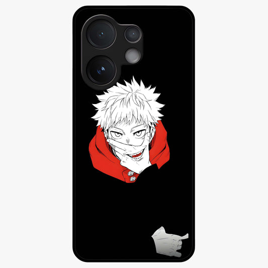 Crimson Chaos Smile Glass Case showing flat back view with bold chaotic smile artwork and glossy glass finish.