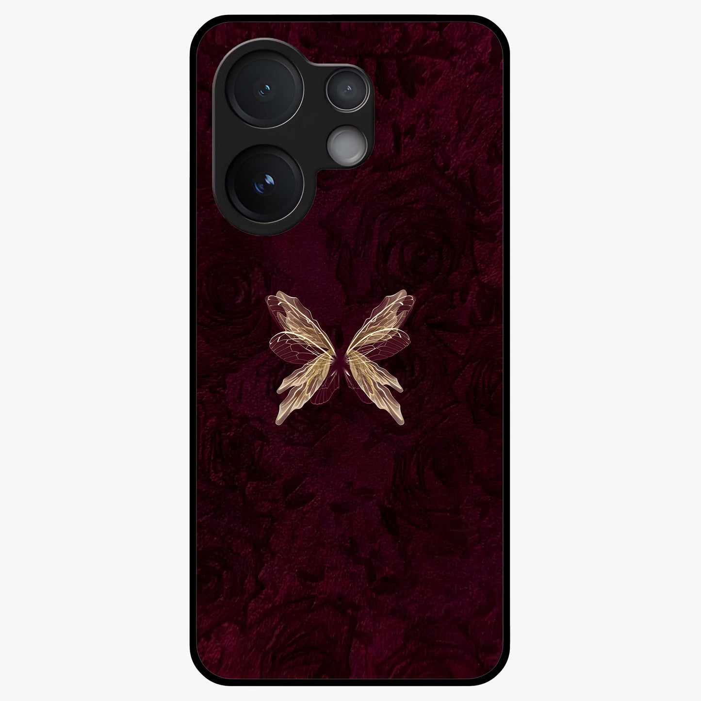 Crimson Fade Butterfly Glass Case showing flat back view with fading butterfly artwork and glossy glass finish.