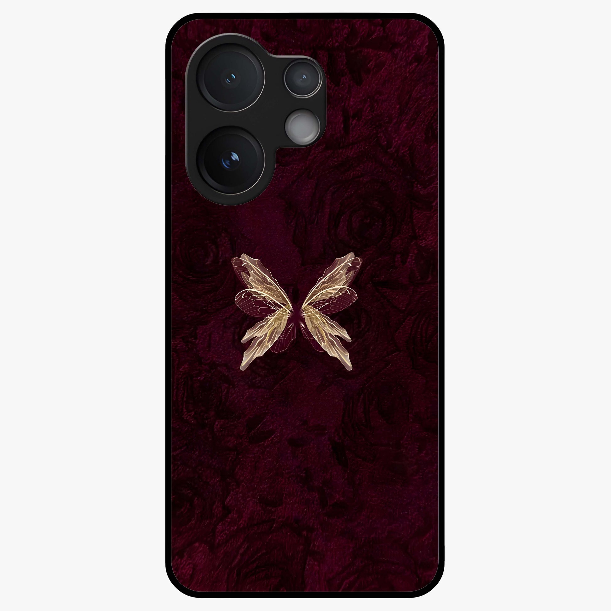 Crimson Fade Butterfly Glass Case showing flat back view with fading butterfly artwork and glossy glass finish.