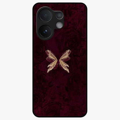 Crimson Fade Butterfly Glass Case showing flat back view with fading butterfly artwork and glossy glass finish.