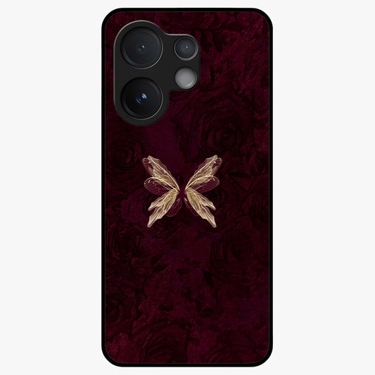 Crimson Fade Butterfly Glass Case showing flat back view with fading butterfly artwork and glossy glass finish.