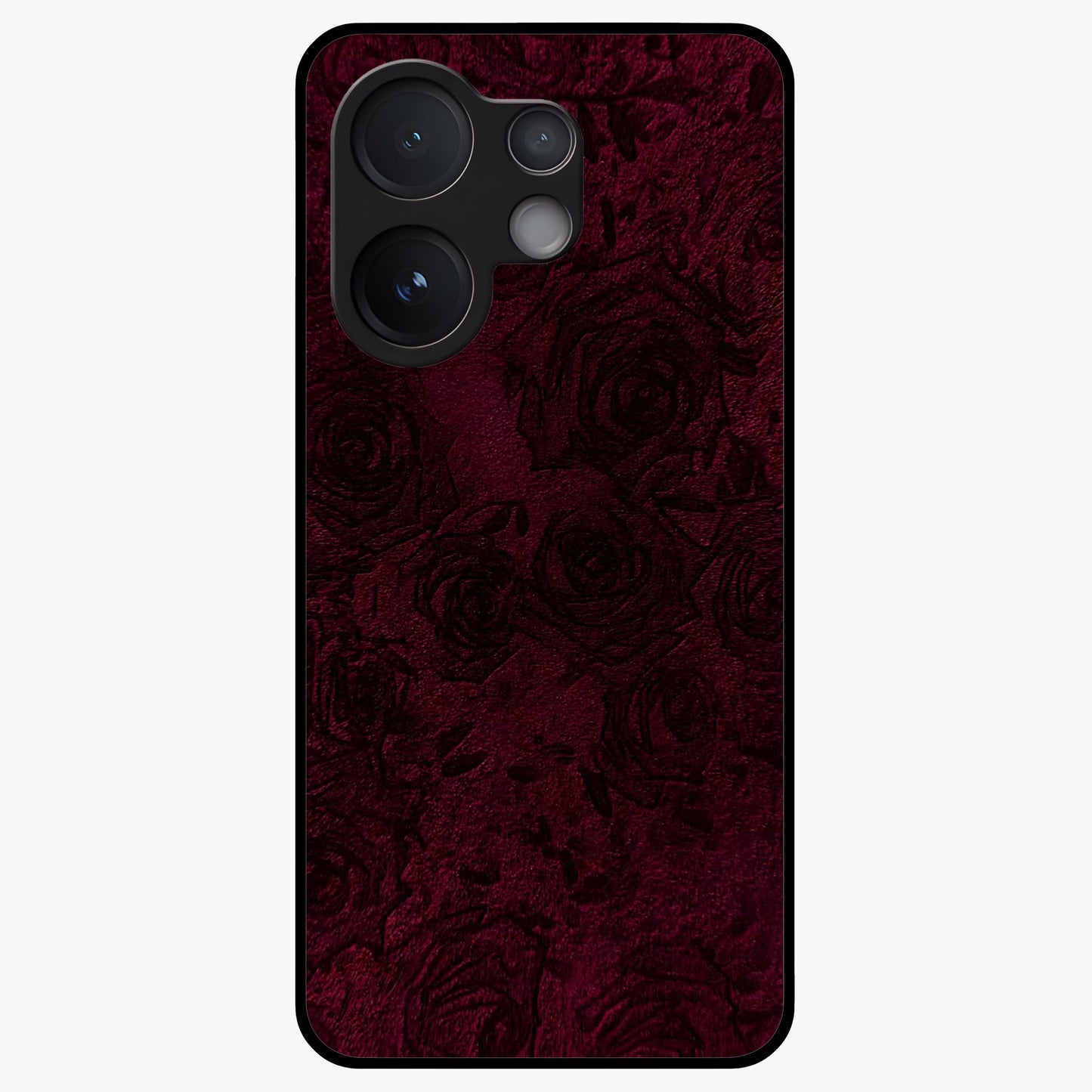 Crimson Fade Flow Glass Case showing flat back view with flowing crimson gradient artwork and glossy glass finish.