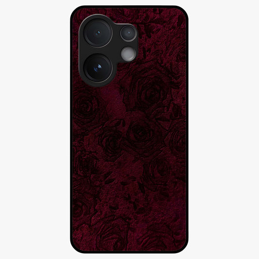 Crimson Fade Flow Glass Case showing flat back view with flowing crimson gradient artwork and glossy glass finish.