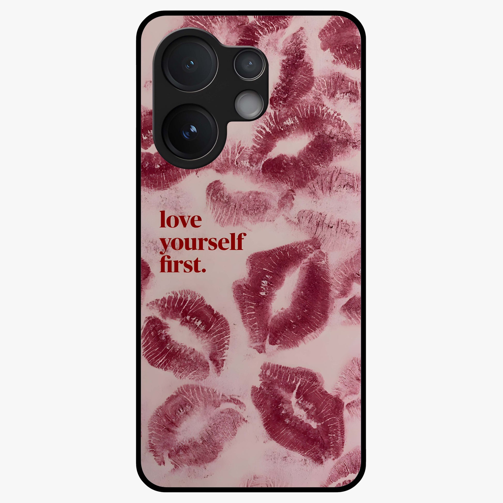 Crimson Kiss Love Glass Case showing flat back view with romantic crimson themed artwork and glossy glass finish.