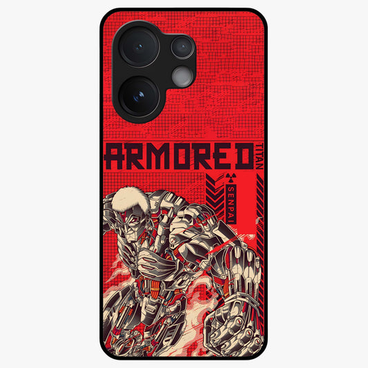 Crimson Mecha Titan Glass Case showing flat back view with powerful mech titan artwork and glossy glass finish.