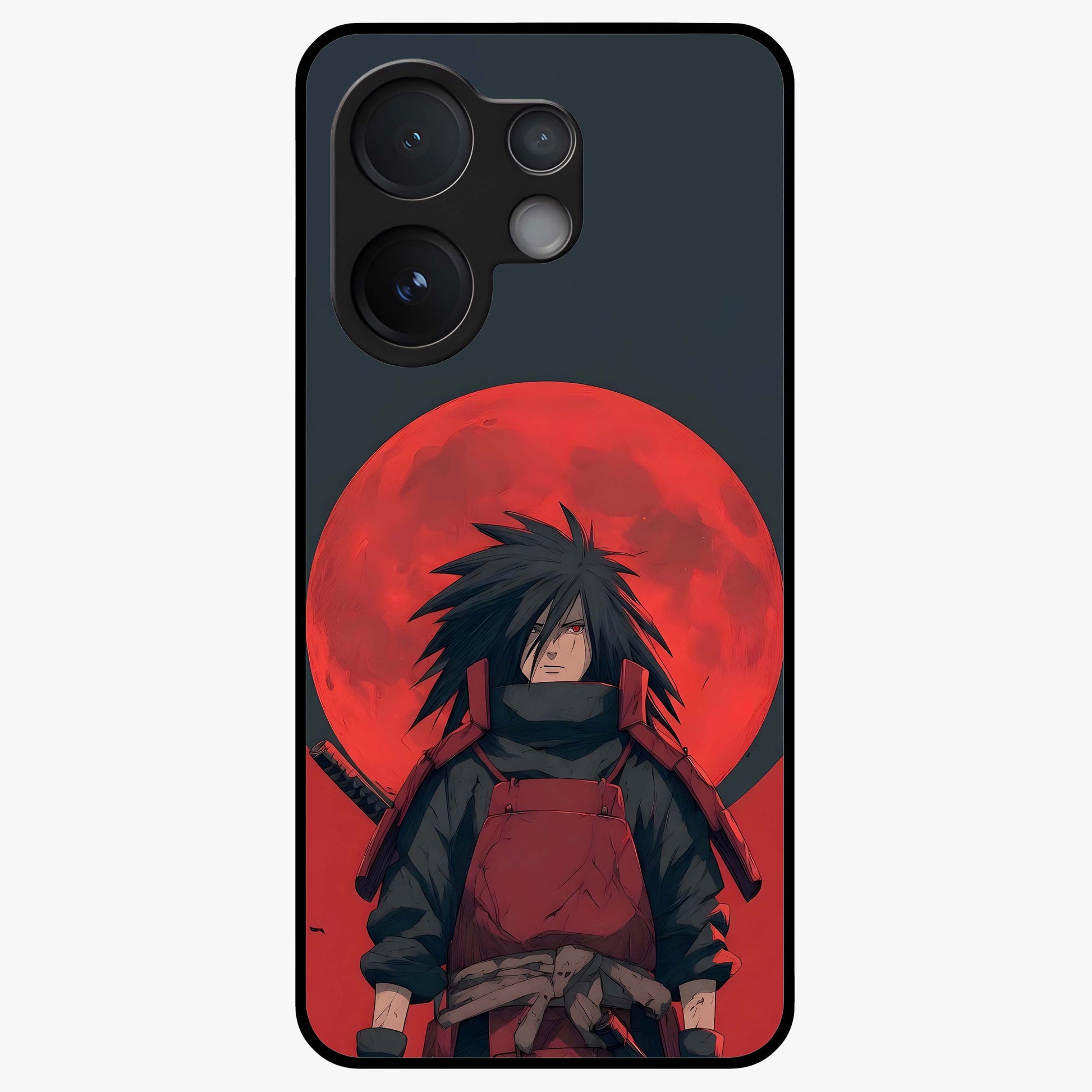 Crimson Moon Warlord Glass Case showing flat back view with mystical moon warrior artwork and glossy glass finish.