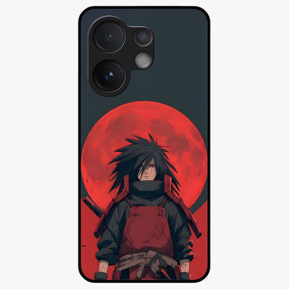 Crimson Moon Warlord Glass Case showing flat back view with mystical moon warrior artwork and glossy glass finish.