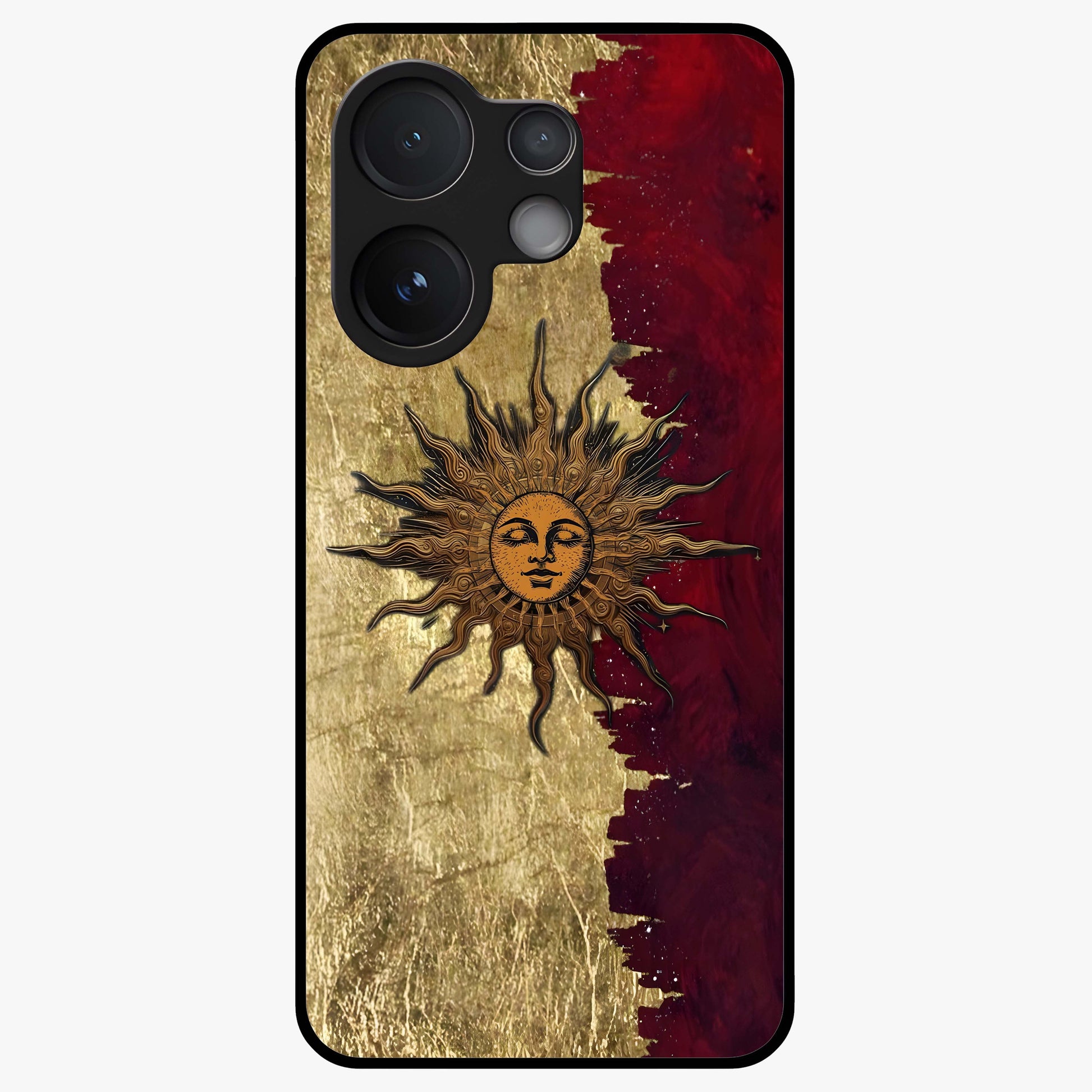 Crimson Sun Majesty Glass Case showing flat back view with radiant sun inspired artwork and glossy glass finish.