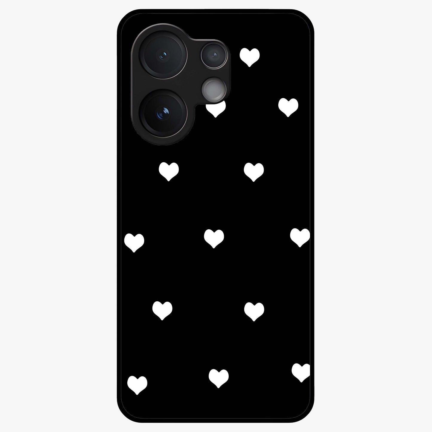 Cute And Simple White Hearts Glass Case showing flat back view with minimal white heart pattern and glossy glass finish.