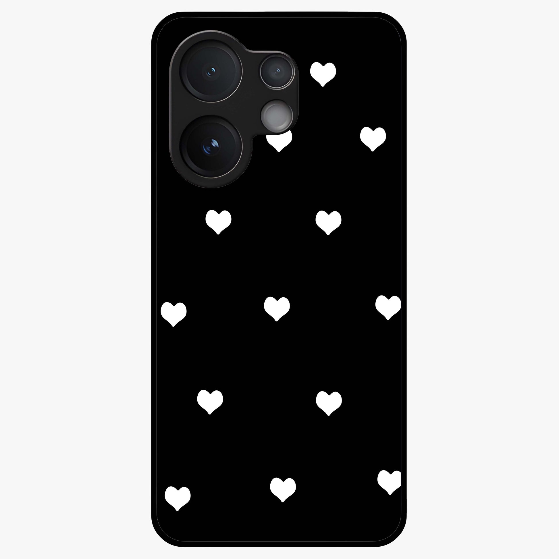 Cute And Simple White Hearts Glass Case showing flat back view with minimal white heart pattern and glossy glass finish.