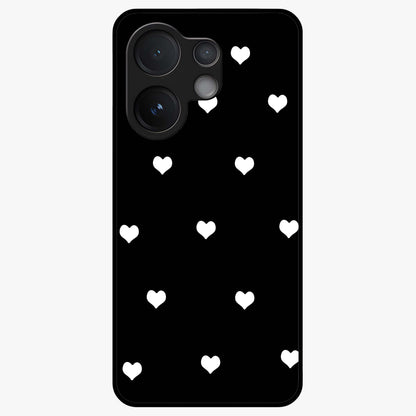 Cute And Simple White Hearts Glass Case showing flat back view with minimal white heart pattern and glossy glass finish.