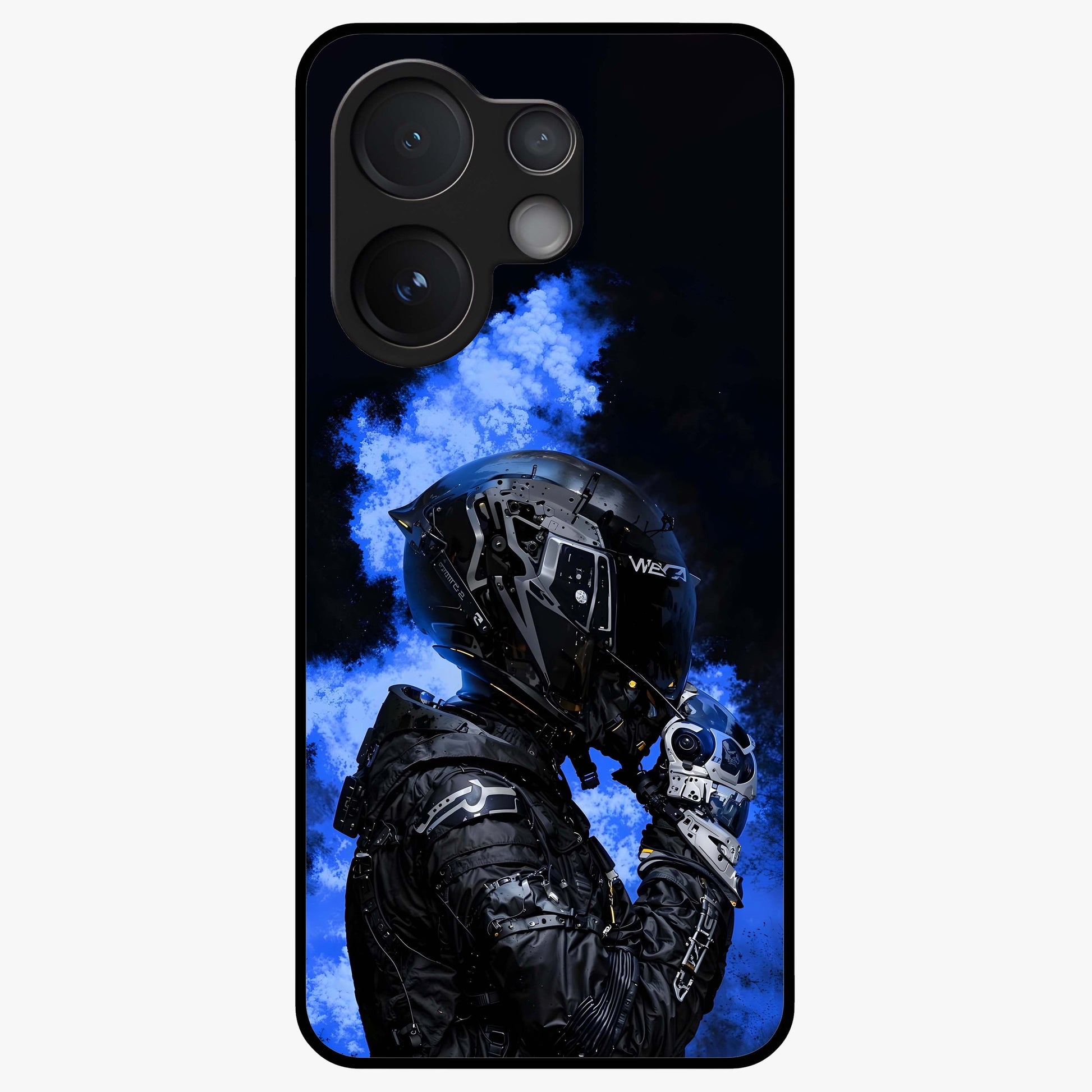 Cyber Sentinel Protocol Glass Case showing flat back view with futuristic cyber themed artwork and glossy glass finish.