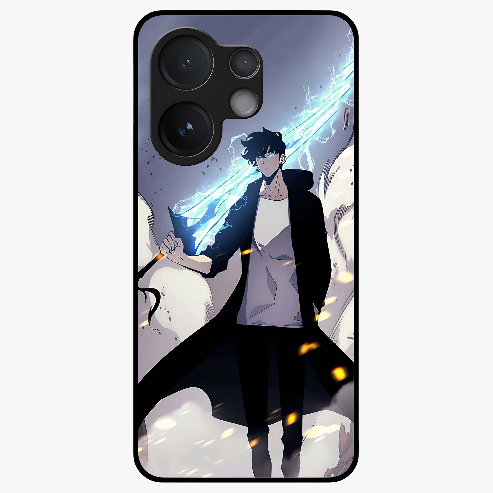 Dark Lightning Anime Warrior Glass Case showing flat back view with intense anime warrior artwork and glossy glass finish.