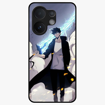 Dark Lightning Anime Warrior Glass Case showing flat back view with intense anime warrior artwork and glossy glass finish.