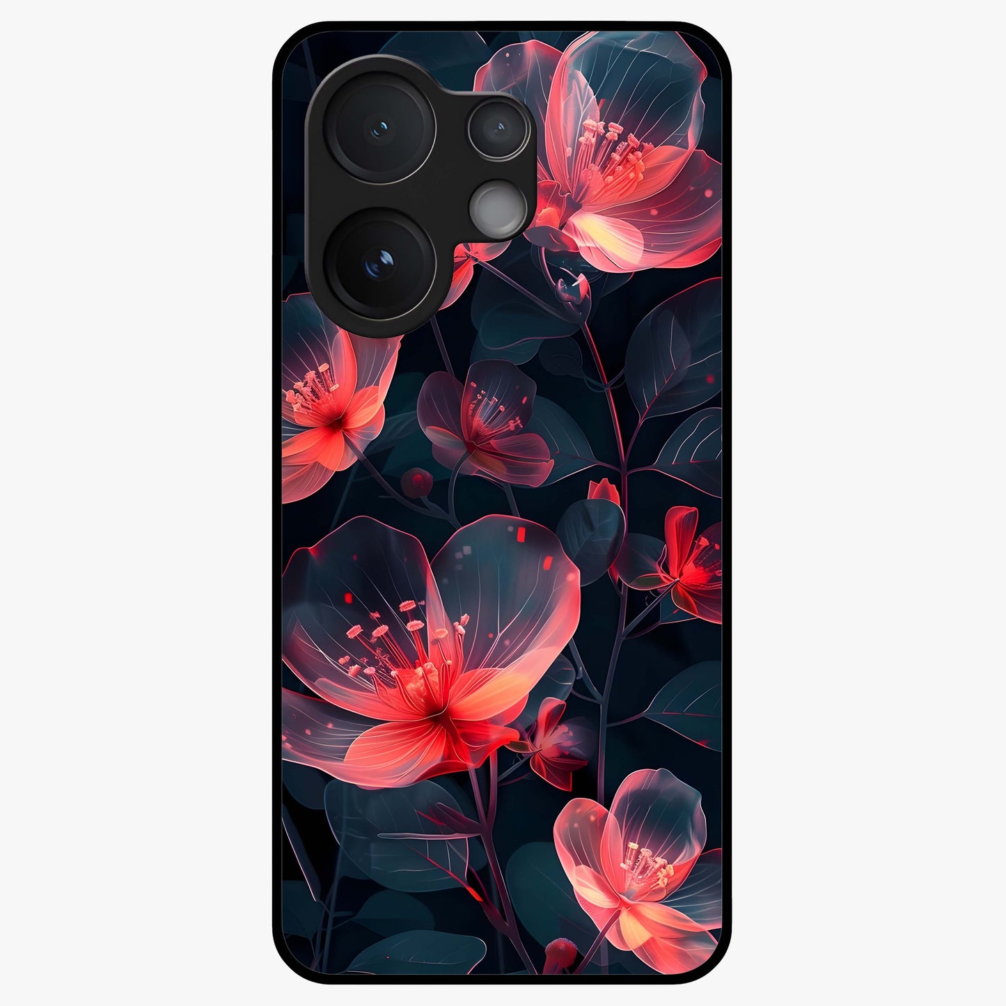 Dark Shade of Flower Glass Case showing flat back view with elegant dark floral artwork and glossy glass finish.