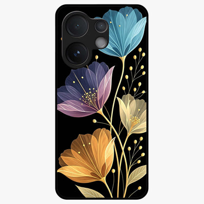 Delicate Multicolor Flowers Glass Case showing flat back view with vibrant floral artwork and glossy glass finish.