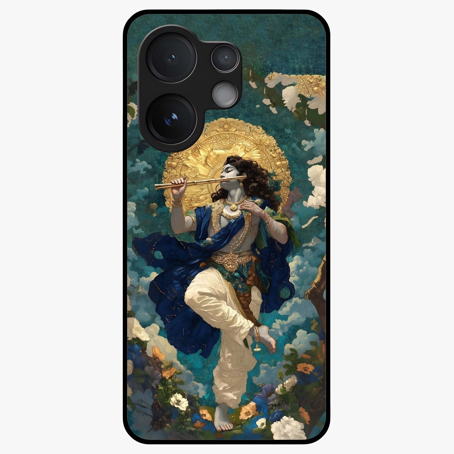 Divine Krishna Art Glass Case showing flat back view with Lord Krishna artwork and glossy glass finish.