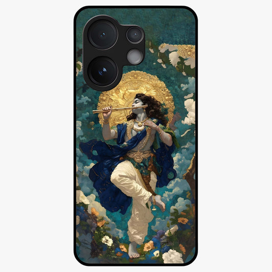 Divine Krishna Art Glass Case showing flat back view with Lord Krishna artwork and glossy glass finish.