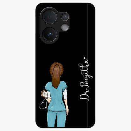 Doctor Pattern Custom Name Glass Case showing flat back view with medical themed pattern and personalized name design.