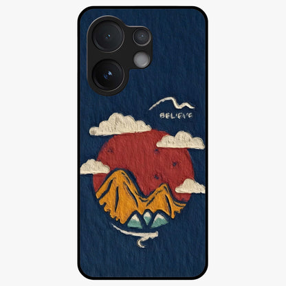 Dream Beyond Mountains Glass Case showing flat back view with scenic mountain landscape artwork and glossy glass finish.